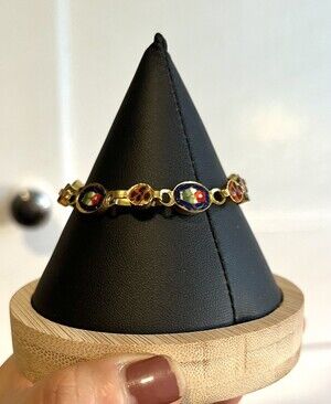 Vintage Italian Milefiori Micro Mosaic Floral Link Bracelet Goldtone size 6